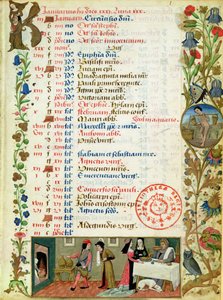 January; figures eating and drinking, by Robinet Testard, from the Hours of Charles of Angouleme