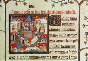 Miniature of a bishop blessing the annual fair or market held for two weeks in June on the plains of St. Denis, from a pontifical, 1301-1400 by French School
