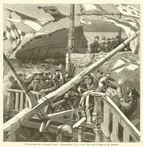 Launch of the Russian Battleship Imperator Aleksandr III (engraving)