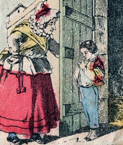 Le Pere Fouettard, French character for the whipping father, legendary figure of folklore punishing the naughty children: his wife, La Mere Fouettard the whipping mother, who delivers repented children - Epinal picture