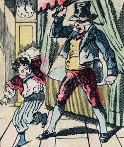 Le Pere Fouettard legendary character of folklore, punishing unwise children with his whip, and enclosing disobedient children, image of Epinal by French School