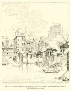 The Petit-Pont after the fire of April 27, 1718, after a drawing of the time kept at the National Library by French School