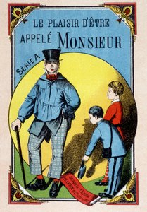 The Pleasure of Being Called Monsieur: children greeting a worker in a blouse with top hat, image of Epinal, 19th century by French School
