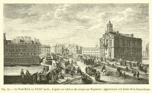 The Pont-Neuf in the 18th century, after a painting of the time by Raguenet, belonging to the baths of the Samaritaine