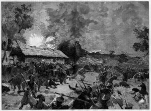 The ambush of Hue, July 4-5, 1885: attack by a Tonkinese army (Vietnam) against the French troops of General de Courcy. Engraving in Le Monde Illustre