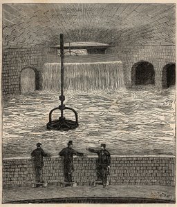 Le reservoir de Montsouris (reservoir de la Vanne), one of the five main water reservoirs of Paris - Engraving in “Sciences brought to the grateboard of all - physics and chemistry” by Alexis Clerc - End 19th century - Private collection by French School