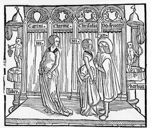 Theatre in the Middle Ages: Three Characters on Stage - Engraving by Terence de Jean Trechsel, ed. in Lyon by French School