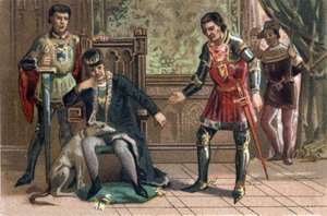 League of Public Good: King Louis XI meets Charles the Bold in Peronne, Duke of Burgundy. Chromolithography around 1890 by French School
