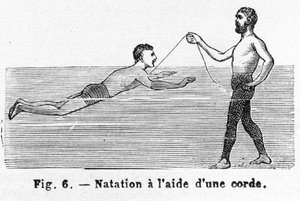 Learning to Swim using a Cord, pub. 1885 engraving, 1885