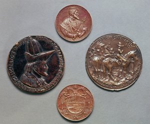 Left and Right: verso = John Palaeologus, recto = Equestrian Effigy of the Emperor, by Pisanello; Top to Bottom: verso = Charles V, recto = The Great Coat of Arms of the Empire, by Hans Reinha