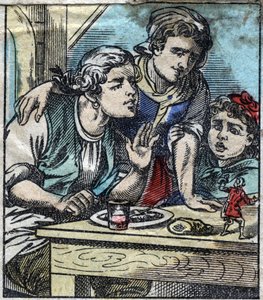 Lemuel Gulliver on the table of the Glumdalclitch family, in the land of the giants of Brobdingnag. Illustration for "Gulliver