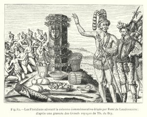 The Floridians Worshiping the Commemorative Column Erected by Rene de Laudonniere; After an Engraving from the Grand Voyages of Th de Bry by French School