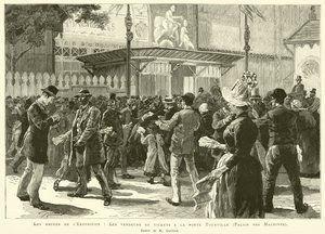 The Surroundings of the Exhibition, Ticket Sellers at the Tourville Gate, Palace of Machines, Drawing by M Guilliod