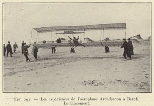 Experiments of the Archdeacon Aeroplane at Berck, The Launch (engraving) by French School