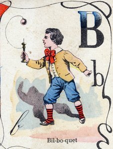 Letter B: Bilboquet. Engraving in "ABC des joux pour petits boys". Late 19th century
