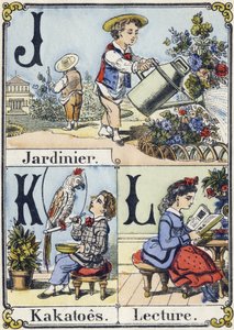 Letter J, K and L: Gardener, Kakatoes and Reading. Recreative Alphabet. Epinal Imaging, circa 1880