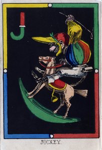 Letter J as jockey. Alphabet of monkeys. Wood engraving. Imaging of Epinal