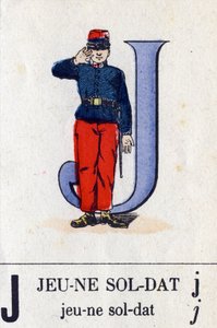 Letter J as young soldier. Military alphabet. Imaging of Epinal, circa 1870-1880