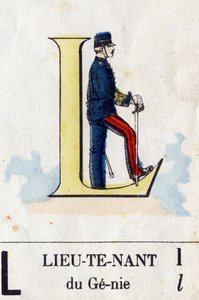 Letter L as lieutenant. Military alphabet. Imaging of Epinal, circa 1870-1880. Stencil-coloured woodcuts