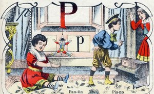 Letter P: Pantin Piano. Engraving in "ABC des joux pour petits boys". Late 19th century