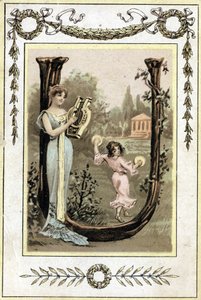 Letter representing a mother playing lyre and her daughter dancing with timpani, late 19th century (chromolithograph)