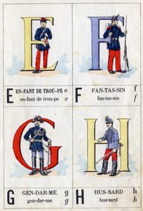 Letters E as troop child, F as infantryman, G as footman and H as hussard. ABC military. Imaging of Epinal