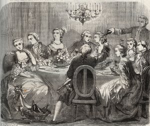 Libertinage: Christian VII, King of Denmark and Norway, during a libertine feast organized by the dancer Marie Madeleine Guimard in her house of Pantin. Engraving from 1871 in 