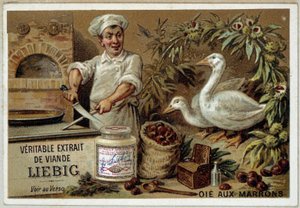 Liebig recipes: goose with chestnuts - chromo. Liebig by French School