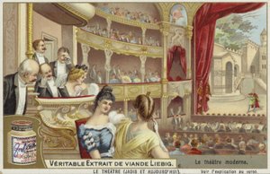 Liebig card featuring a modern theatre by French School