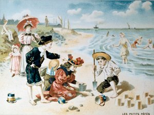 Little Pasta: Children Play on the Beach with Sand. Illustration of the Beginning of the 20th Century