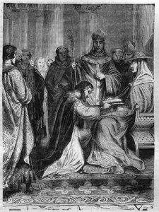 Lotharia I (795-855) at the feet of Pope Adrien II (792-872). Engraving in 