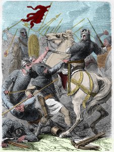 Louis VI called “The Fat” (1081 - 1137), in the battle of Brenneville, attempted to take Normandy from King Henry I of England in 1119. Engraving in “Histoire De France En Cent Paintings by Paul Lehugeur” 1891. by French School