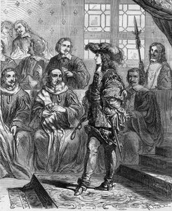 Louis XIV was 17 years old in 1652 before the parliament and forced the president to dissolve the assembly. Engraving from 