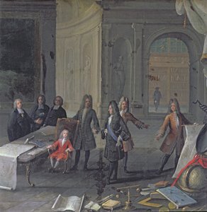 Louis XIV attending a lesson of his great grandson, the future Louis XV, c.1715 by French School