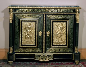 Louis XIV style cabinet, doors decorated with boulle work and ormolu reliefs