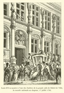 Louis XVI appears at one of the windows of the great hall of the Hotel de Ville, the national cockade on his hat, July 17, 1789 by French School