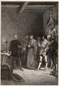 Louis de Berquin (1485-1529), knight and humanist, religious reformer, liberated by Jean de la Barre (1523-1533) prevot de Paris - Louis de Berquin (left) released from prison by John de la Barre - engraving from 