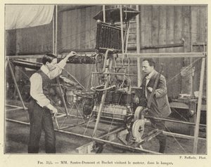 Santos-Dumont and Buchet visiting the engine in the hangar (engraving) by French School