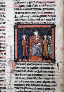 MS.782 Childeric II (c.650-675), Clodomir (c.495-524) and possibly Theodoric, represented as under the protection of King Clotaire I (c.497-561), seated on a throne, miniature from the Chroniques de Saint-Denis by French School