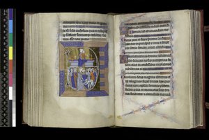 Matins, Virgin and Child seated between two vases on bench (above); Betrayal of Christ, with Judas kissing Christ, and St Peter cutting off Malchus’ ear (below), from the Psalter and Hours of Isabella of France, Paris, c.1265-70