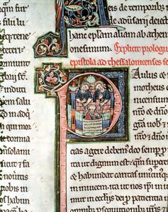 The Escape of Saint Paul from Damascus, illuminated initial letter P, 13th century, from the Avranches Bible