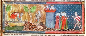 Lancelot Proves His Love of Guinevere by Crossing a River Bridged by a Sharp Sword by French School