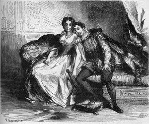 Madame de Sauve, acting for Queen Catherine de Medicis, seduced King Henry of Navarre (1553-1610). Engraving in 