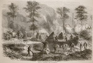 Making charcoal for gunpowder, illustration from Cassells History of the War between France and Germany, 1870-1871 by French School