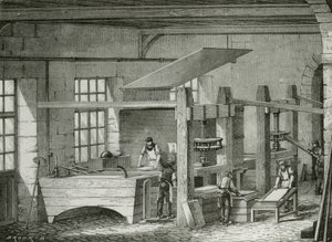 Making paper by hand by sieving pulp in forms. Engraving c1870 by French School