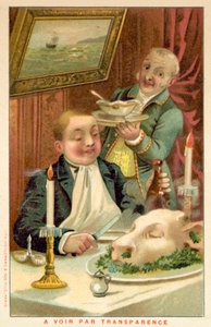 Man eating dinner by French School