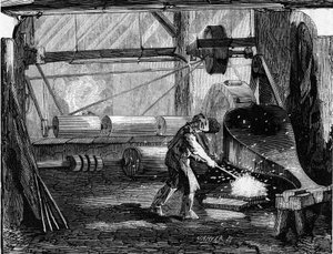 Manufacture of rifle cannons: the iron strips are red blank. Engraving in “Le Monde Illustré” n°35 of 12 December 1857. by French School
