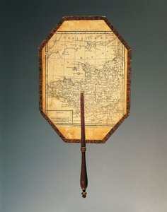 Map of Northwestern France, gouache-painted cardboard fan with watercolored print and shaped wood handle by French School