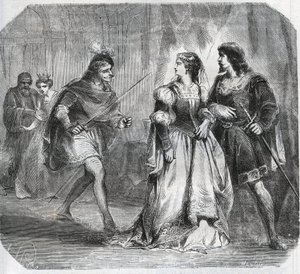 Marguerite de Baviere, Duchess of Burgundy (1363-1423) and Queen Isabeau of Baviere (1371-1435) separate Louis I of Valois, Duke of Orleans (1372-1407) and Jean Sans Peur, Duke of Burgundy (1371-1419), who fight for the government by French School