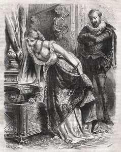 Marguerite de Valois hides Julien de Leris, her lover, in a safe. Her husband, King Henry IV of France, observes the scene with fun. 16th century. Engraving from 1871 in 